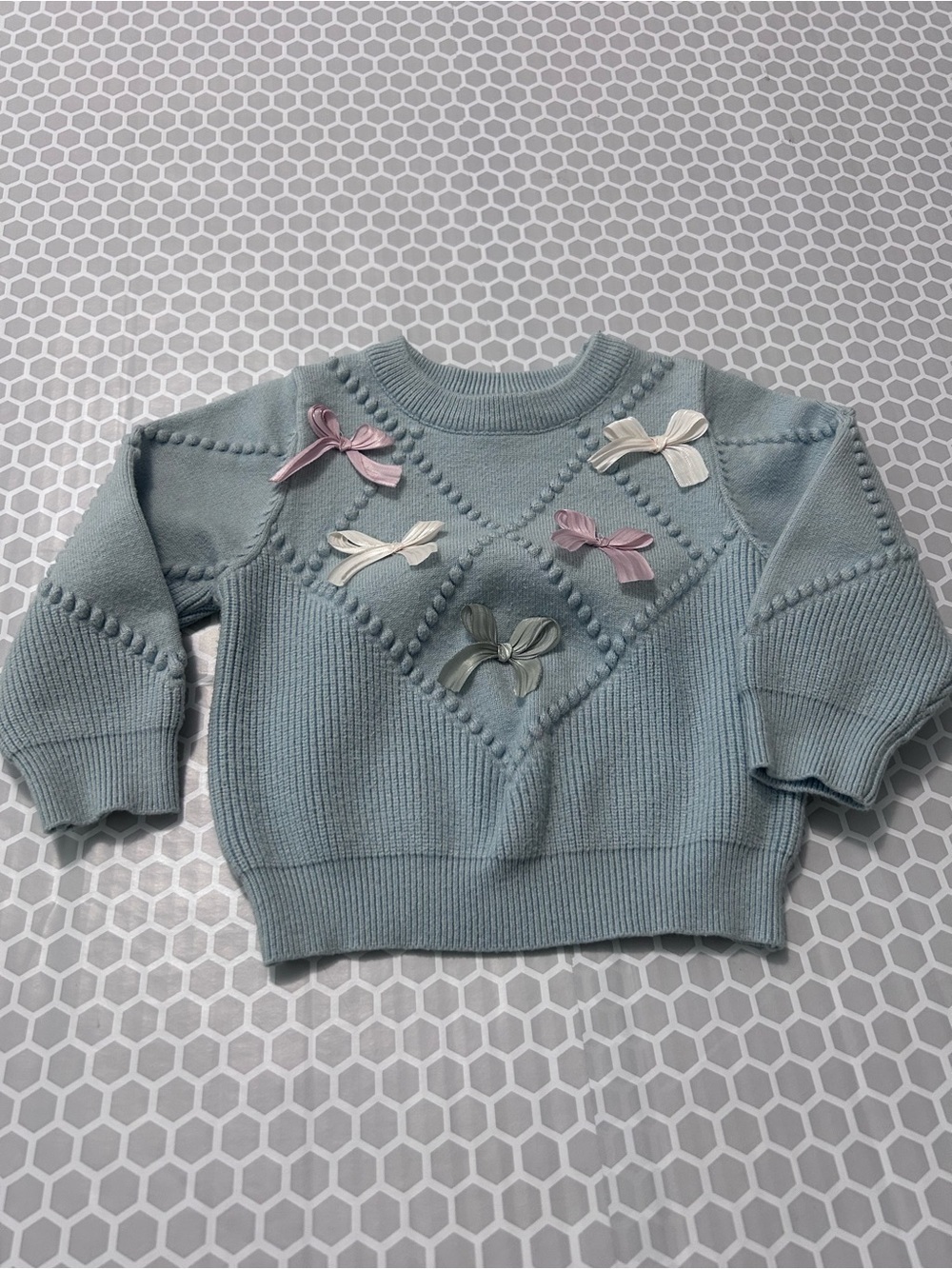 Pale Aqua Ribbed Knit Sweater w Material Bows.  Size 18M